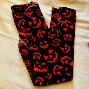 Orange black pumpkin face fleece Halloween legging